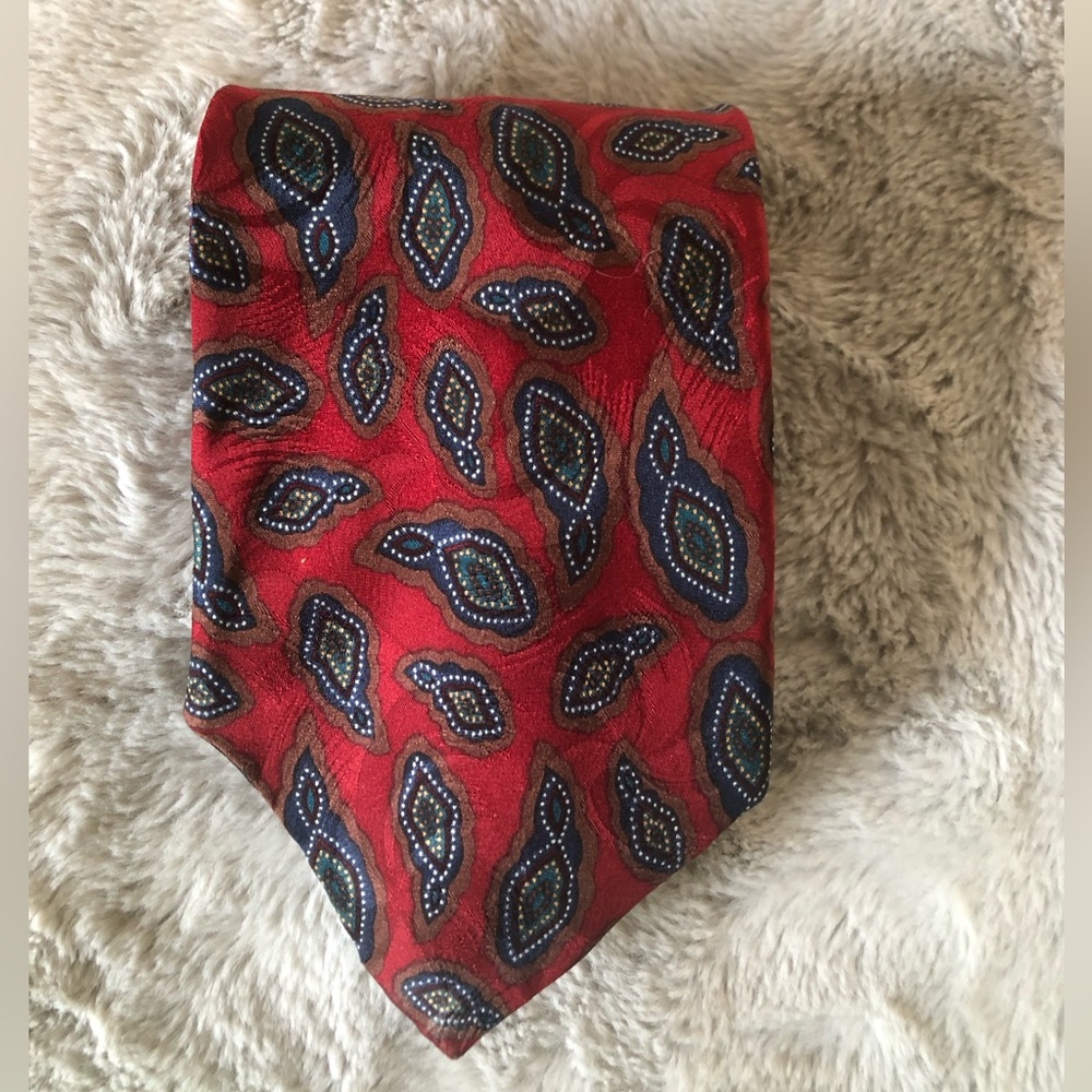 Vintage Dior Red Silk Tie with Navy and Gold Paisley Motif